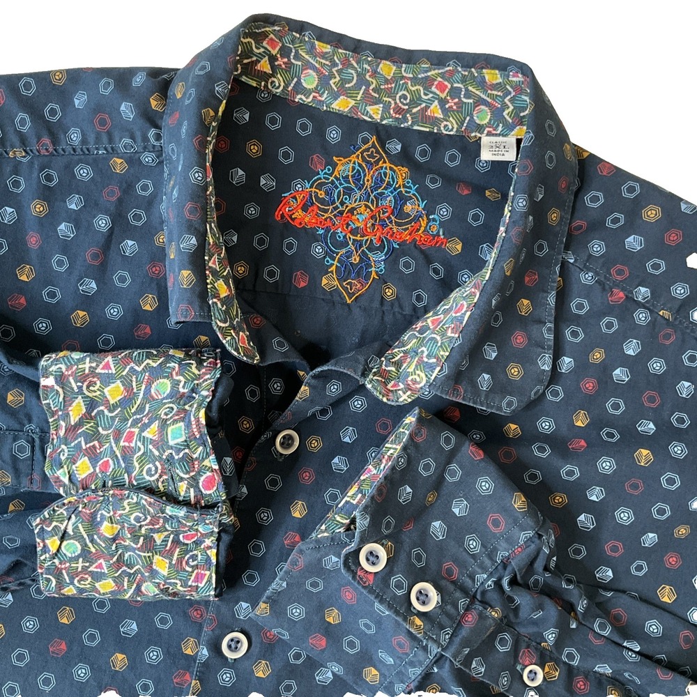 Robert Graham Knowledge Wisdom Truth Button Up Flip Cuff Blue Hexagon Shirt 2XL